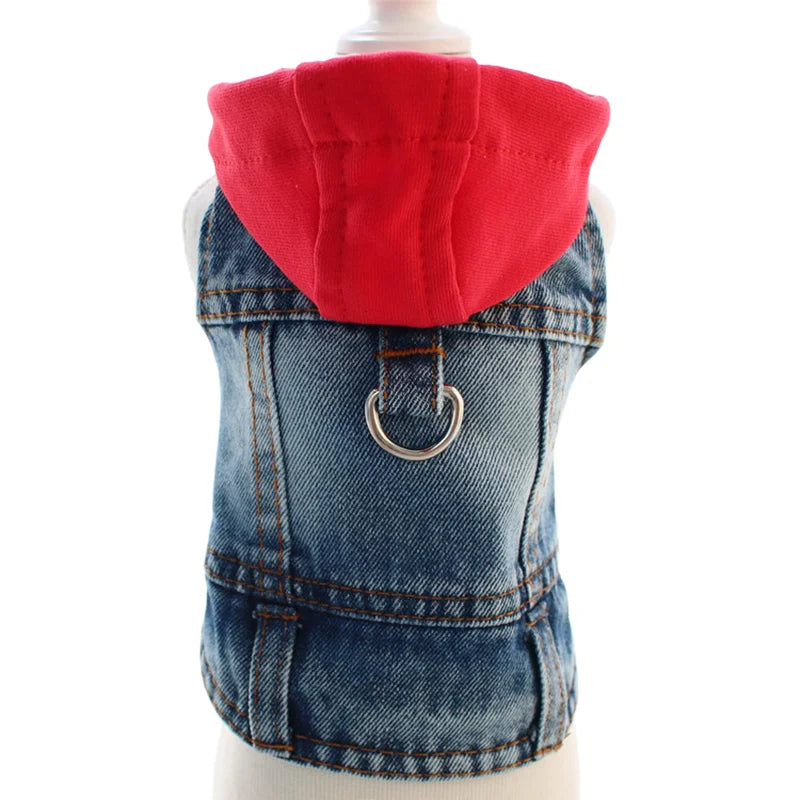 Cool Dog Denim Jacket Vest – Hooded Jean Coat with D-Ring for Small & Medium Dogs, Puppy Harness Vest for Spring Walks