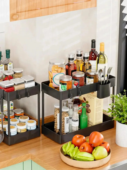 2-Tier Pull Out Under Sink Organizer – Slide-Out Cabinet Storage Rack with Hooks & Cups for Kitchen & Bathroom