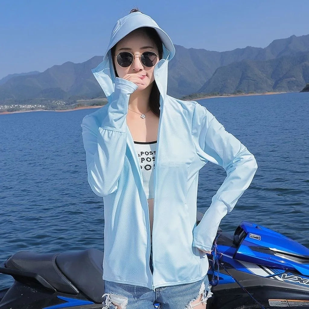 Women's Ice Silk UV Protection Jacket – Lightweight Breathable Long Sleeve Cycling Coat with Hood for Summer Outdoor Sports