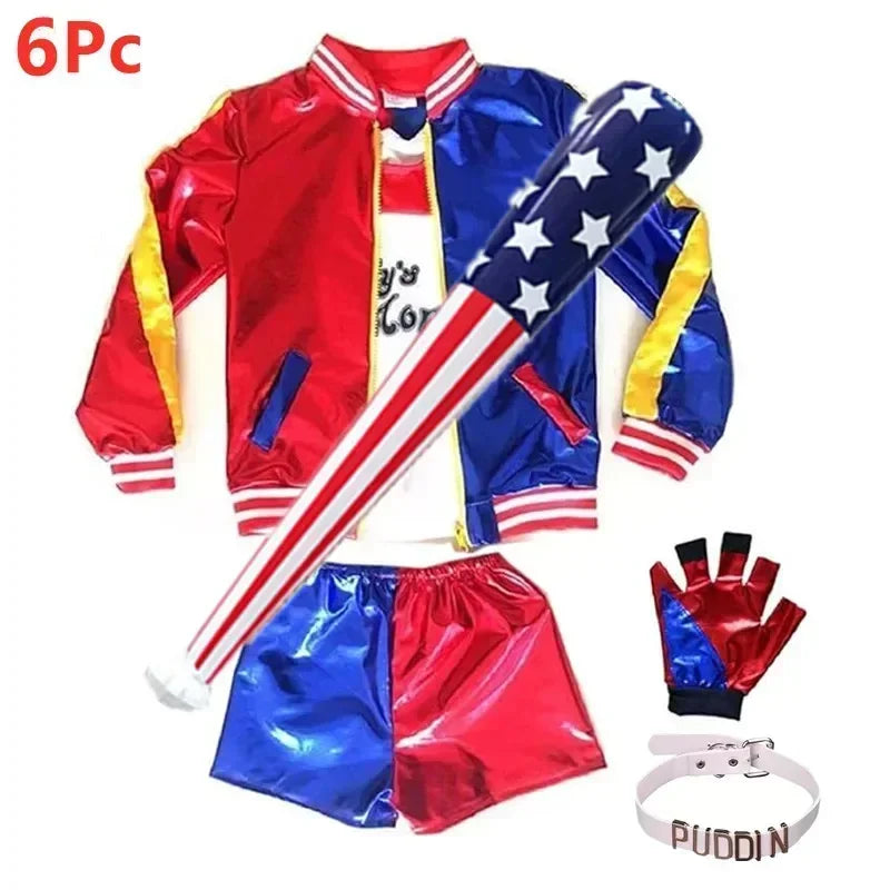 Girls Clown Cosplay Costume Set – Harley-Inspired 6-Piece Halloween Outfit