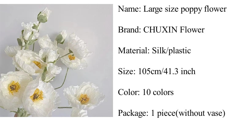 105cm Artificial Poppy Flowers – Large Realistic Faux Floral Stem for Wedding Decor, Vase Arrangements, Home Decoration, Photo Props & Window Displays