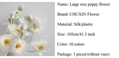 105cm Artificial Poppy Flowers – Large Realistic Faux Floral Stem for Wedding Decor, Vase Arrangements, Home Decoration, Photo Props & Window Displays