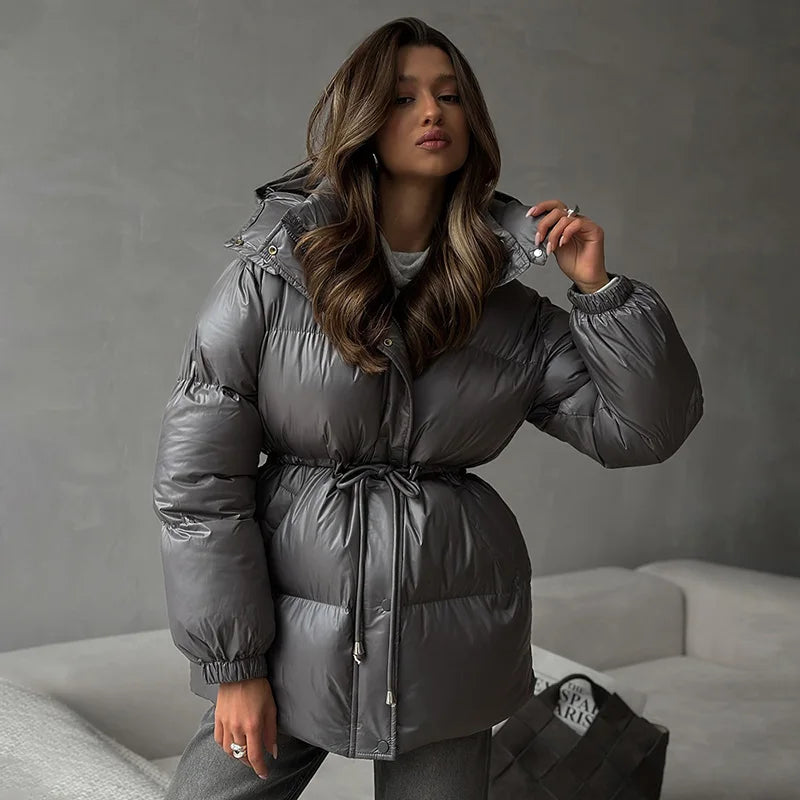 Women’s Long Puffer Winter Coat – Thick Warm Maxi Padded Jacket with Faux Fur Hood, Drawstring Waist & Zip-Up Button Closure