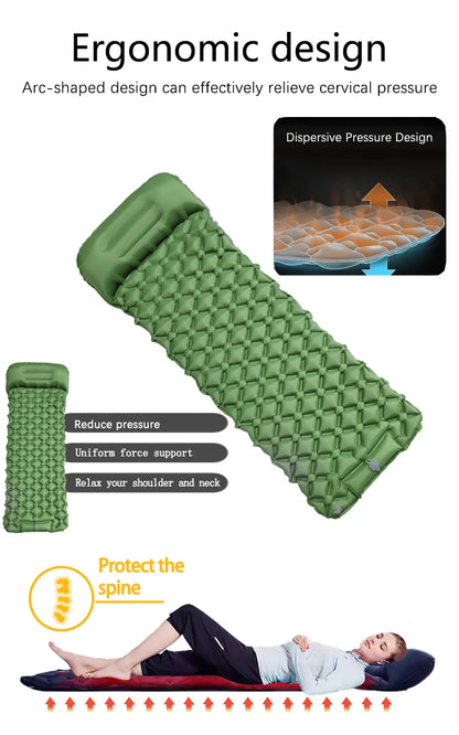 Matelas de camping gonflable d'extérieur – Tapis de couchage gonflable ultraléger avec pompe et oreiller intégrés pour la randonnée, le camping, les voyages et les aventures en plein air