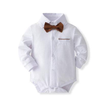 Baby Boy Gentleman Long Sleeve Romper with Bow – 3-24 Months Spring Autumn Winter Birthday Bodysuit, Cute Formal Baby Outfit