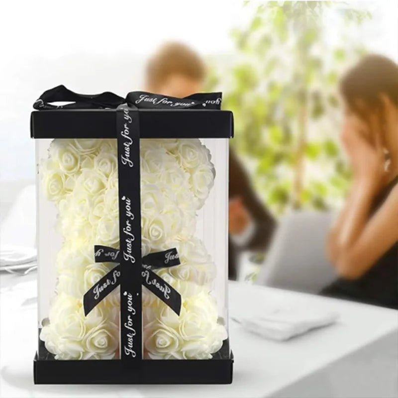 Oso de rosas artificiales de 25 cm con caja de regalo – Regalo romántico para ella en San Valentín, aniversario y boda