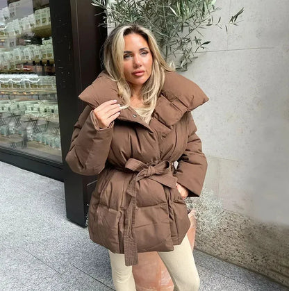 Zekye Women’s Lightweight Down Jacket – Warm Long-Sleeve Winter Coat with Adjustable Tie Waist, Solid Color & Fashionable Design