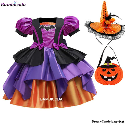 Girls Pumpkin Halloween Costume Dress – Fancy Bat Print Witch Princess Ball Gown for Cosplay, Festival & Party