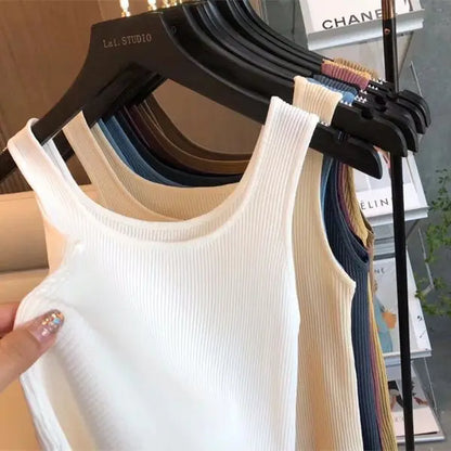 Haut court décontracté basique en tricot à col en U sans manches et de couleur unie pour femme, idéal pour l'automne