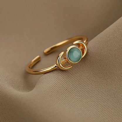 Gold Stainless Steel Lotus Flower Opal Ring – Vintage Oval Stone Statement Ring for Women | Elegant Fashion Jewelry Gift