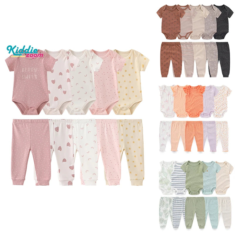Kiddiezoom 10PCS Baby Clothing Set – Unisex Newborn Bodysuits & Pants, Soft Four-Season Infant Outfit for Baby Boys & Girls