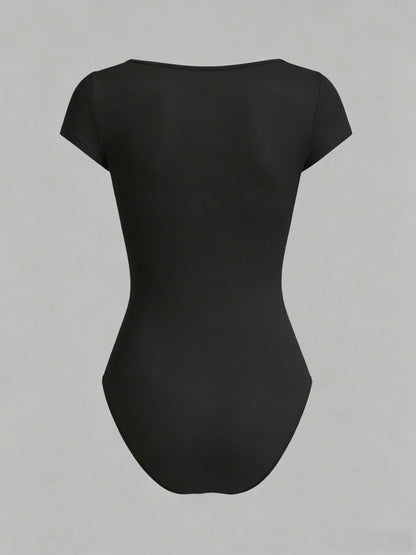 Women Square Neck Short Sleeve Bodysuit – Solid Color Slim Fit Casual One-Piece Top for Daily Wear & Layering