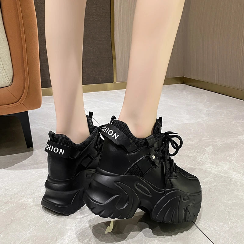 10.5cm Platform Sneakers for Women – Chunky High-Top Lace-Up Dad Shoes with Thick Sole & Mesh Design for Autumn Casual Wear