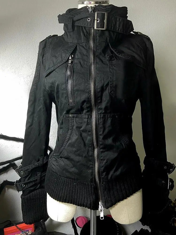 Women’s Harajuku Vintage Safari Jacket – Hooded Zip-Up Sweatshirt, Y2K Grunge Streetwear Coat with Stand Collar