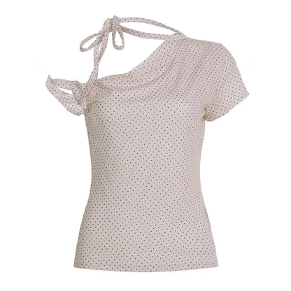 Women’s Sweet Polka Dot One Shoulder T-Shirt Korean Style Slim Fit Summer Casual Office Top