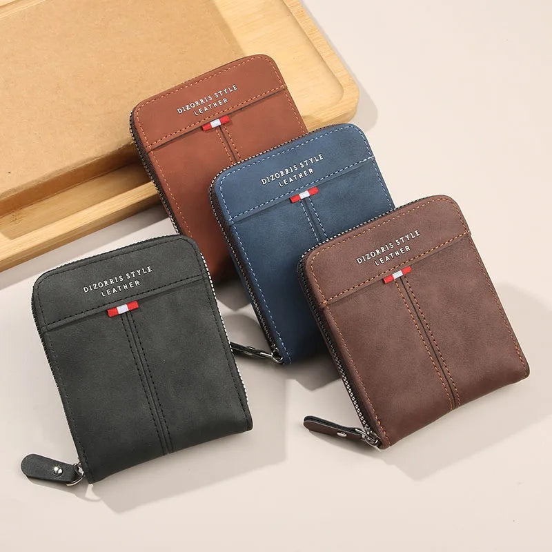 Men's Retro Trifold Wallet PU Leather Short Wallet with Zipper Coin Pocket & Buckle Closure