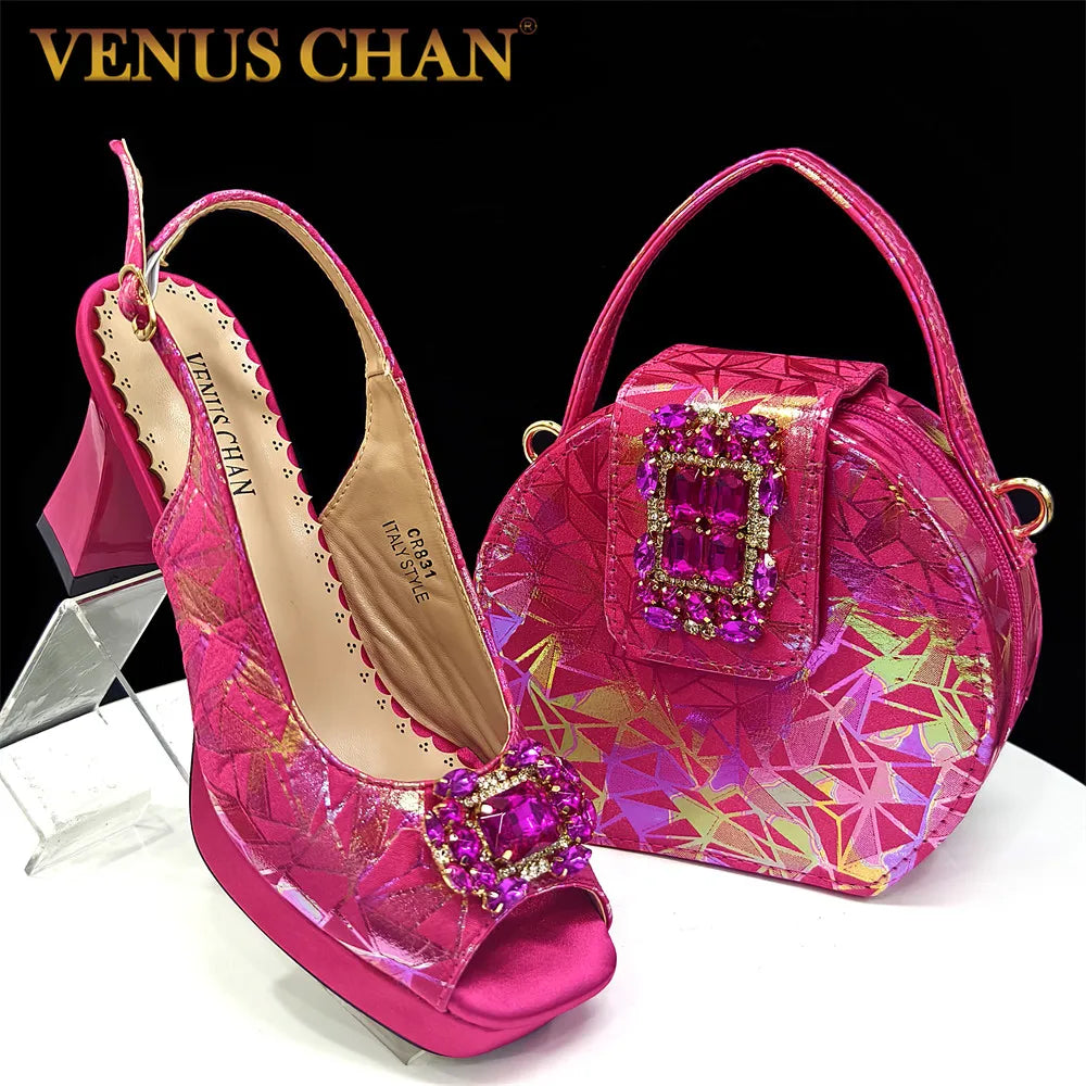 Elegant Women’s Fuchsia Peep Toe Heels & Matching Bag Set – Rhinestone Italian-Style Sandals for Parties, Weddings & Special Occasions