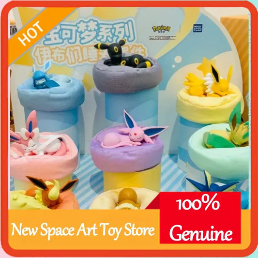 Figura de caja sorpresa Pokémon Eevee en pose de dormir – Adorable juguete de la suerte coleccionable de anime
