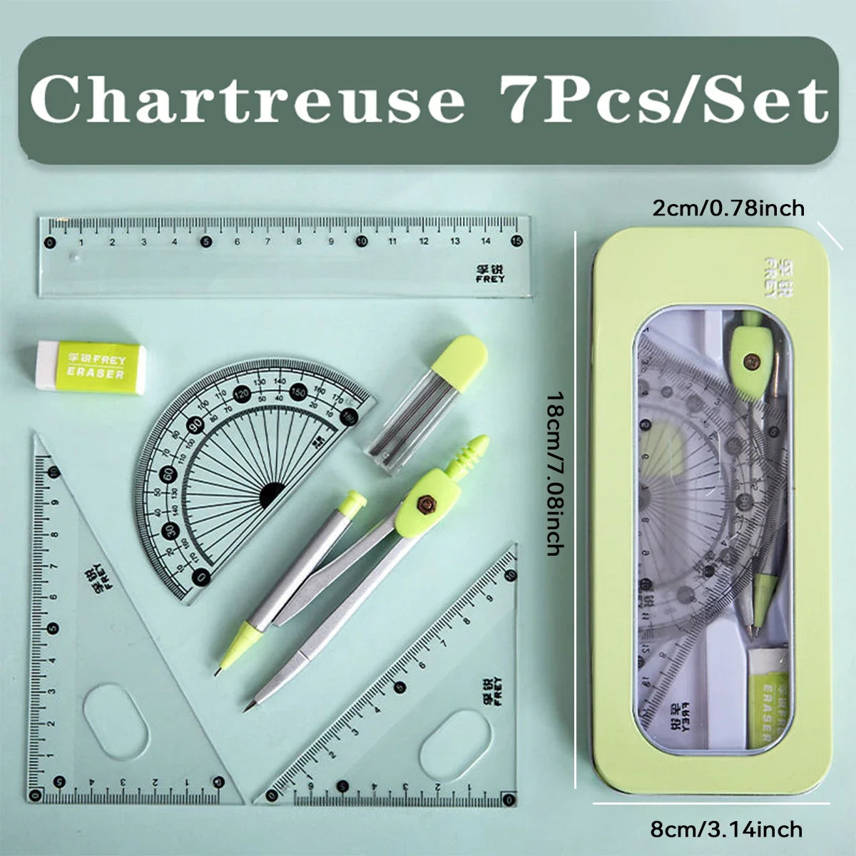 7PCS Geometry Ruler Set – Compass, Triangle Ruler & Protractor Student Math Kit in Storage Box