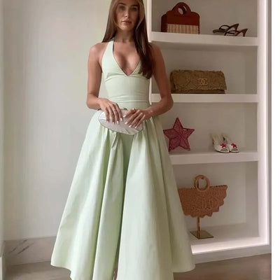 YENKYE Women’s Sexy Backless Green Halter Midi Dress Elegant Low Waist A-Line Cotton Summer Evening Party Robe