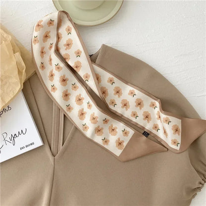 Khaki Nude Silk Scarf Hair Band – Vintage Satin Ribbon Bow Hair Accessory for Women | Elegant Fashion Hair Tie