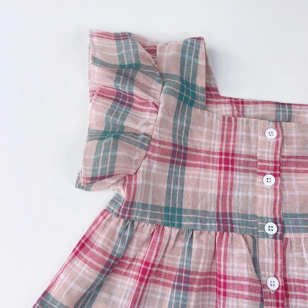 Girls Pink Checkered Two Piece Set – Square Collar Top & Wide Leg Pants Summer Outfit for Kids 3–10 Years