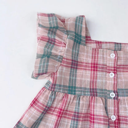 Girls Pink Checkered Two Piece Set – Square Collar Top & Wide Leg Pants Summer Outfit for Kids 3–10 Years