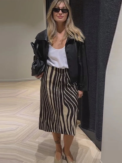 Women’s Zebra Print Midi Skirt – High-Waist Straight Pencil Skirt, Vintage Animal Pattern Bottom for Elegant Casual Autumn Streetwear