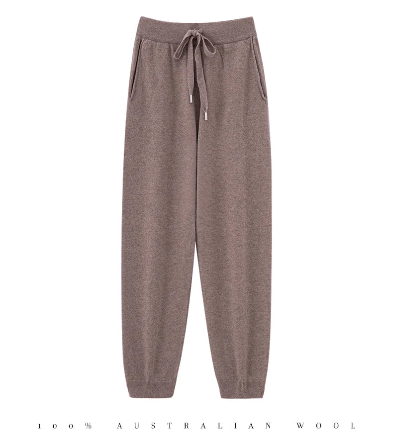 Pantalones de cachemir 100 % pura lana para mujer, de punto, sueltos, de cintura alta, con puños, para otoño e invierno, de corte recto y ajustado