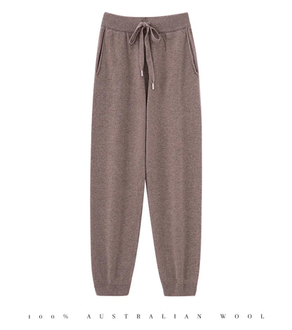 Pantalones de cachemir 100 % pura lana para mujer, de punto, sueltos, de cintura alta, con puños, para otoño e invierno, de corte recto y ajustado