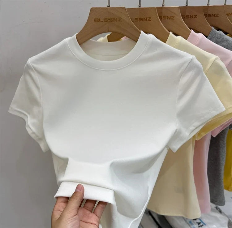 Zjaiss 2026 T-shirt col rond mode été sexy basique uni à manches courtes pour femme style coréen décontracté streetwear