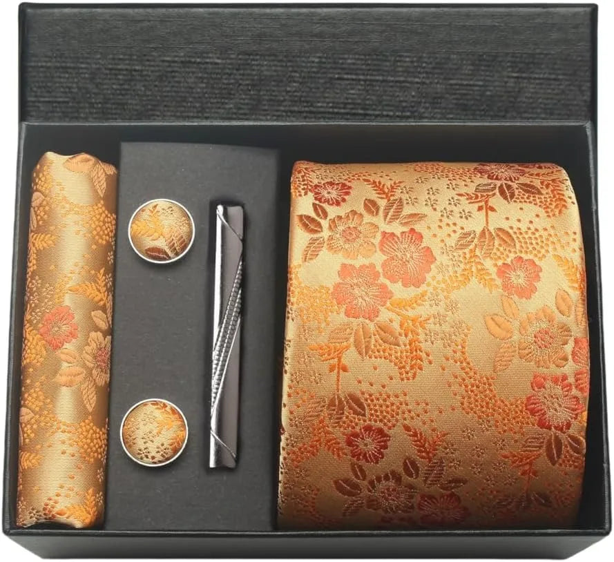 Corbata de seda 100% con diseño floral de Paisley para hombre con pañuelo de bolsillo, pasador de corbata y gemelos en caja de regalo