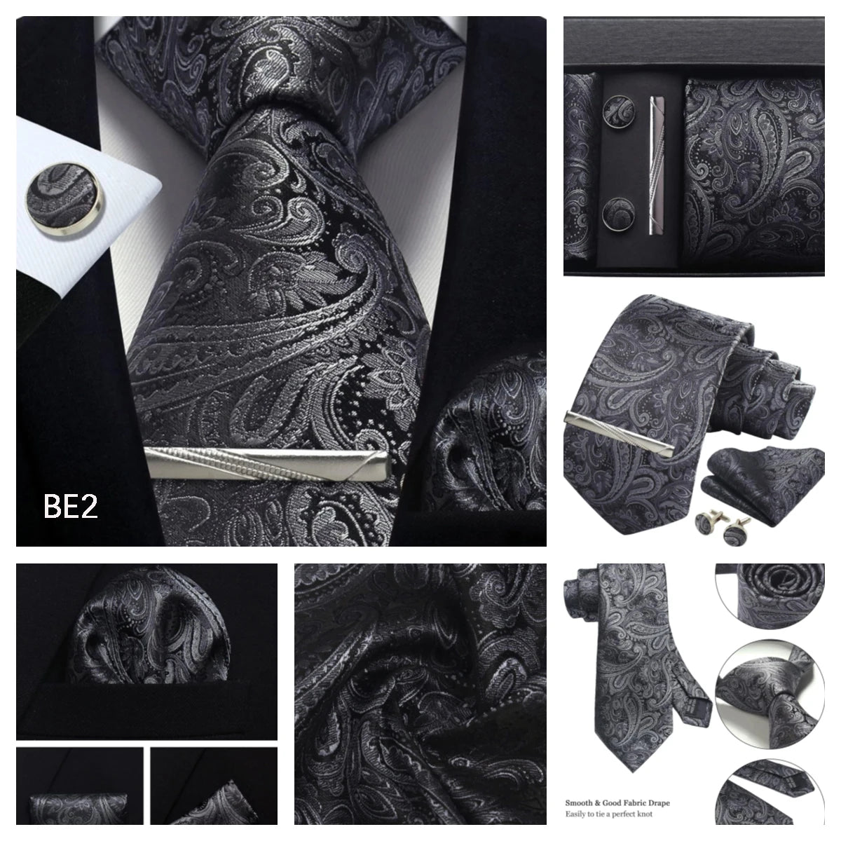 Corbata de seda 100% con diseño floral de Paisley para hombre con pañuelo de bolsillo, pasador de corbata y gemelos en caja de regalo
