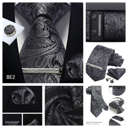Corbata de seda 100% con diseño floral de Paisley para hombre con pañuelo de bolsillo, pasador de corbata y gemelos en caja de regalo