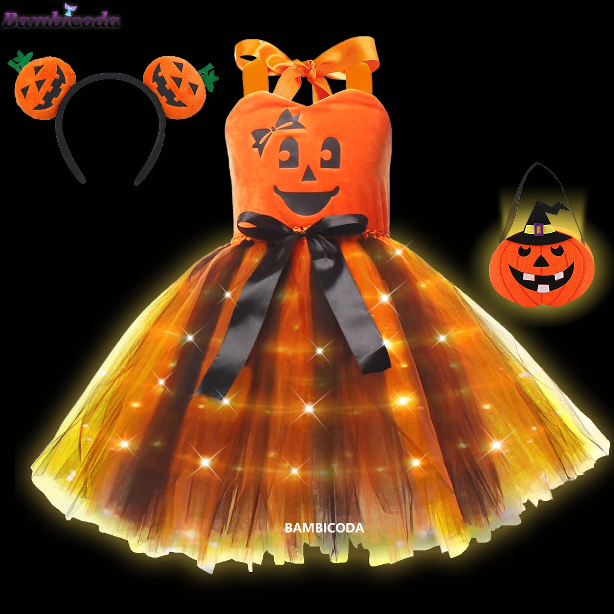 Girls LED Light-Up Witch Costume Dress – Halloween Vampire Cosplay Outfit for Carnival, Masquerade, Performance & Pumpkin Parties