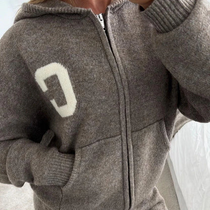 Women’s Hooded Knit Tracksuit 2-Piece Set – Casual Knitted Jacket & Pants Trousers, Cozy Two-Piece Outfit for Everyday Wear