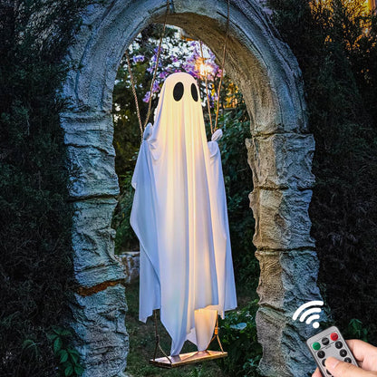 Halloween Hanging Swing Ghost Decoration – Cute White Ghost with String Lights for Porch, Yard, Trees, Parties & Spooky Outdoor Decor