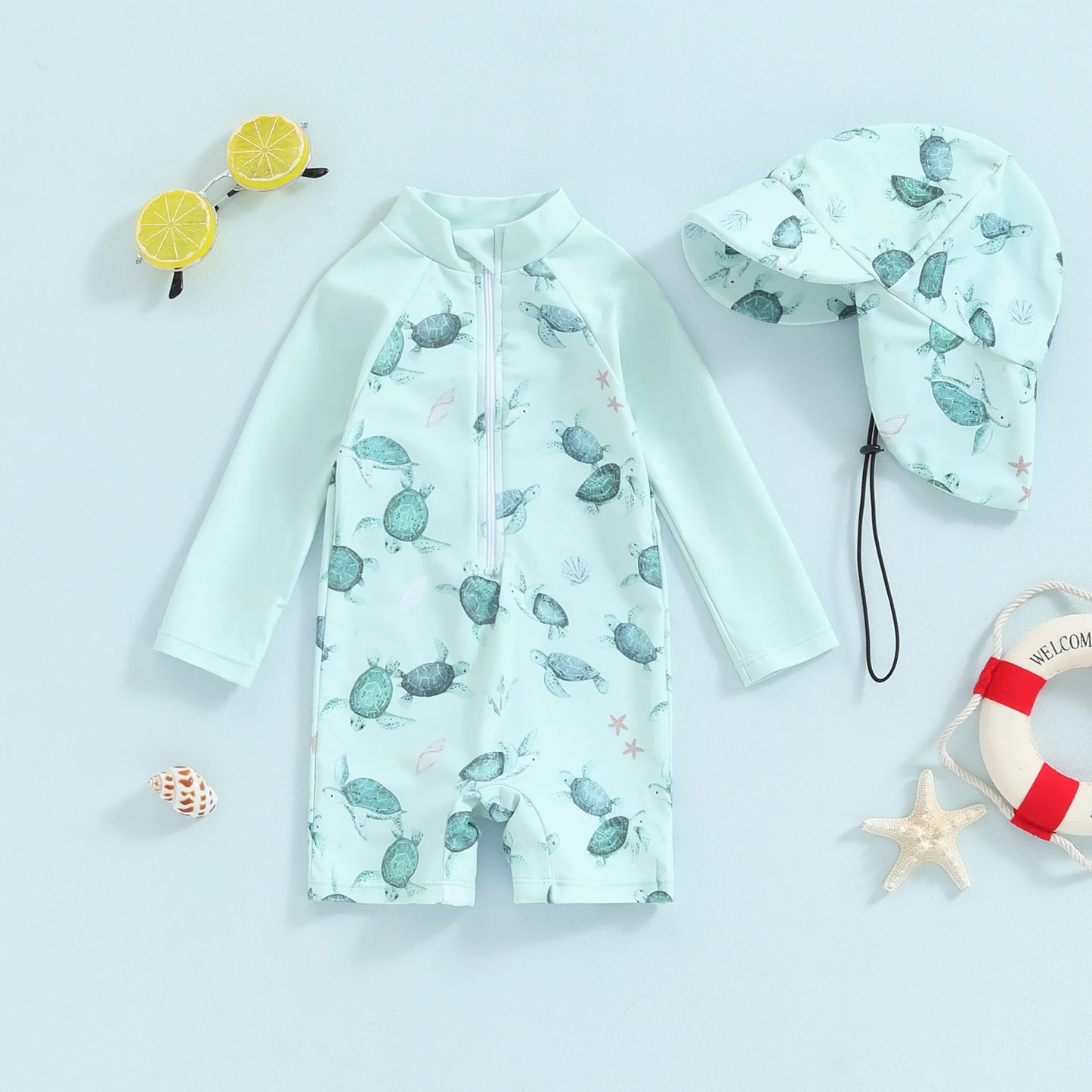 Toddler Baby Boy Whale Print Swimwear Set – Long Sleeve Rash Guard Swimsuit with Sun Hat, Infant UV Protective Beachwear for Swimming, Pool, Summer Vacation & Outdoor Activities