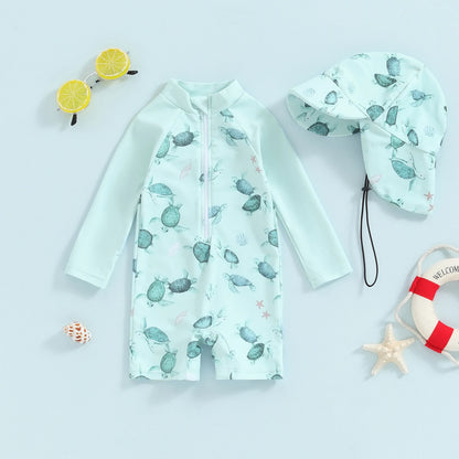Toddler Baby Boy Whale Print Swimwear Set – Long Sleeve Rash Guard Swimsuit with Sun Hat, Infant UV Protective Beachwear for Swimming, Pool, Summer Vacation & Outdoor Activities