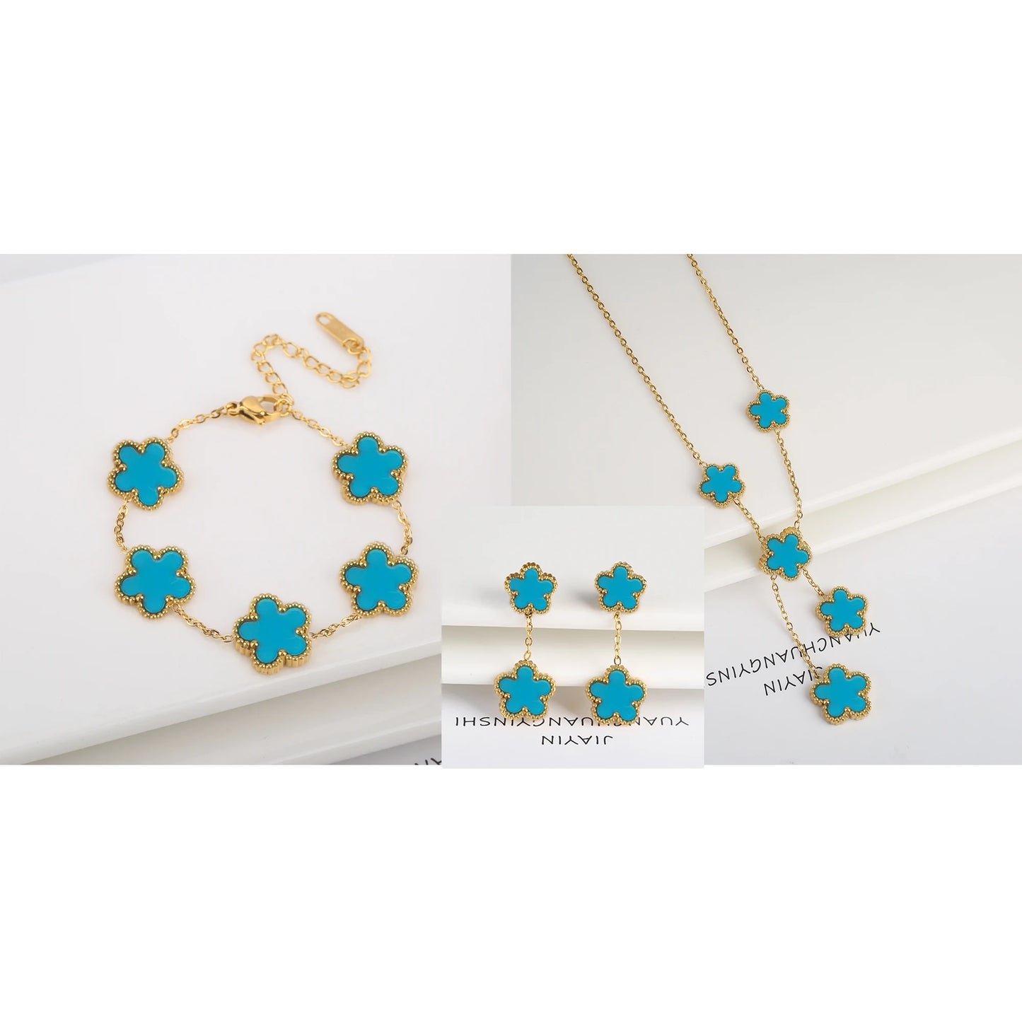 3Pcs Women’s 18K Gold Plated Five Leaf Flower Jewelry Set Clover Necklace Earrings Bracelet Party
