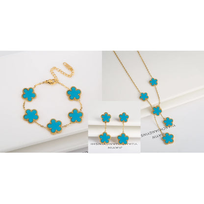 3Pcs Women’s 18K Gold Plated Five Leaf Flower Jewelry Set Clover Necklace Earrings Bracelet Party