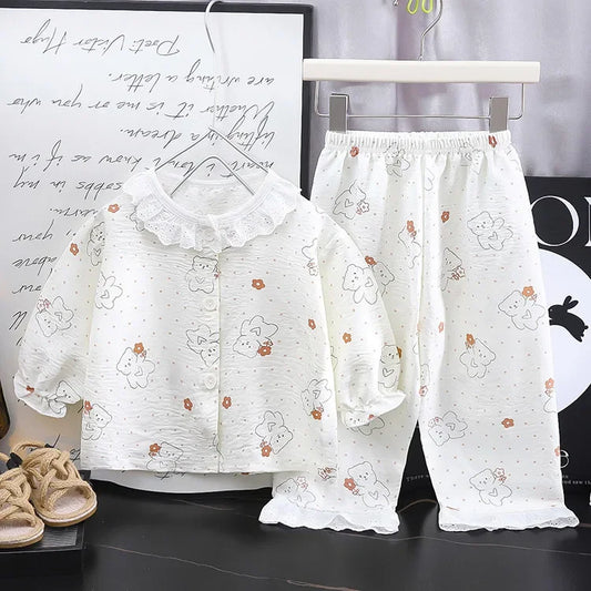Conjunto de pijama de encaje floral para niñas – Traje de dormir de princesa de manga larga holgado con pantalones para niños