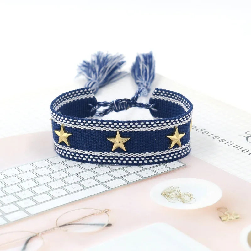 Bohemian Star Tassel Bracelet – Handmade Woven Alloy Gold Rivet Wrist Strap for Women | Ethnic Fashion Jewelry Gift