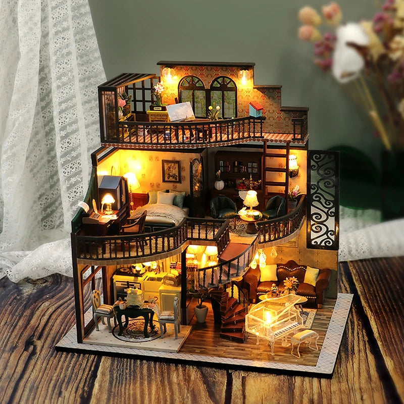 Wooden Dollhouse 3D Puzzle Kit – DIY Miniature Room Model with Furniture & LED Lights Home Decoration