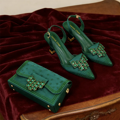 Women’s Olive Green Rhinestone Heels & Matching Bag Set – Italian-Inspired Pointed Toe High Heels for Parties, Weddings & Special Occasions