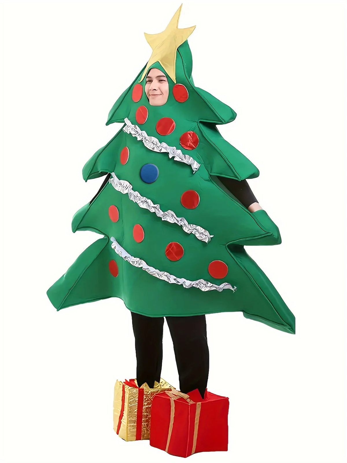 Adult Christmas Tree Costume with Shoe Covers, Funny Holiday Cosplay Outfit for Men and Women, Xmas Party Masquerade, Fancy Dress, Role Play and Festive Celebrations