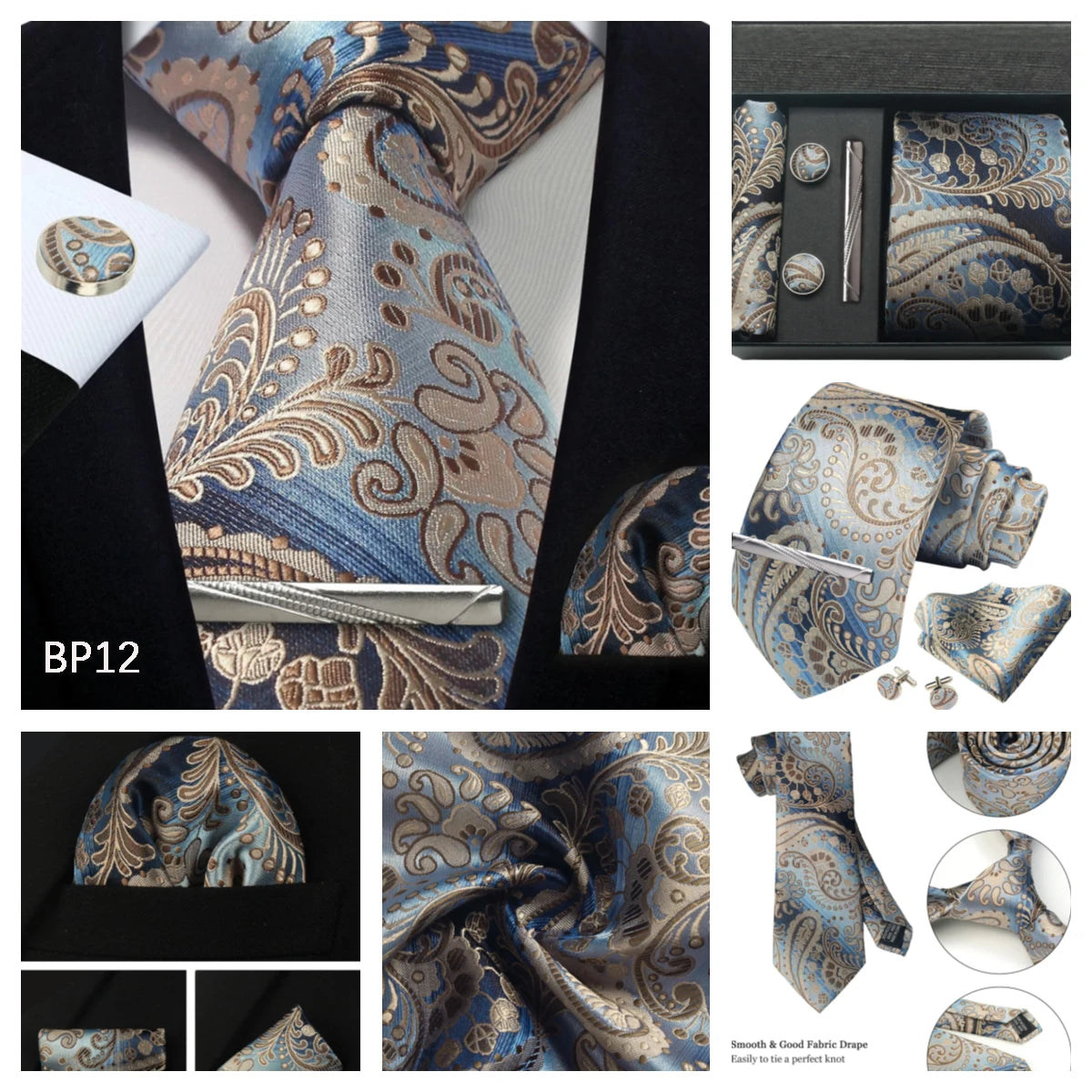 Corbata de seda 100% con diseño floral de Paisley para hombre con pañuelo de bolsillo, pasador de corbata y gemelos en caja de regalo