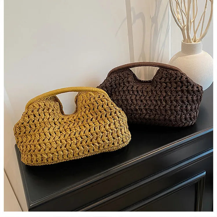 Bolso de playa de lujo de paja tejida para mujer - Bolso de mano de ratán de moda, Bolso de mano de verano para viajes, vacaciones, compras y salidas casuales, Bolso tejido a mano inspirado en el diseñador