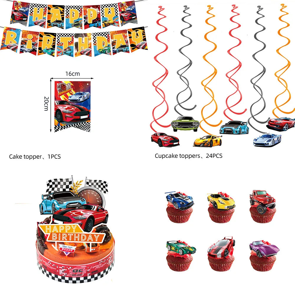 Happy Wheels Racing Party Tableware Set – Racing-Themed Paper Cups, Plates & Banner Decorations with Party Favors for Boys' Birthdays