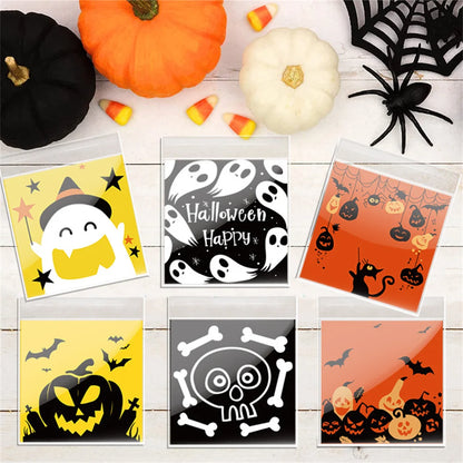 100PCS Halloween Candy Bags, Plastic Gift Packaging Bags with Ghost Pumpkin and Spider Prints, Trick or Treat Goodie Bags, Halloween Party Favors and Decorations